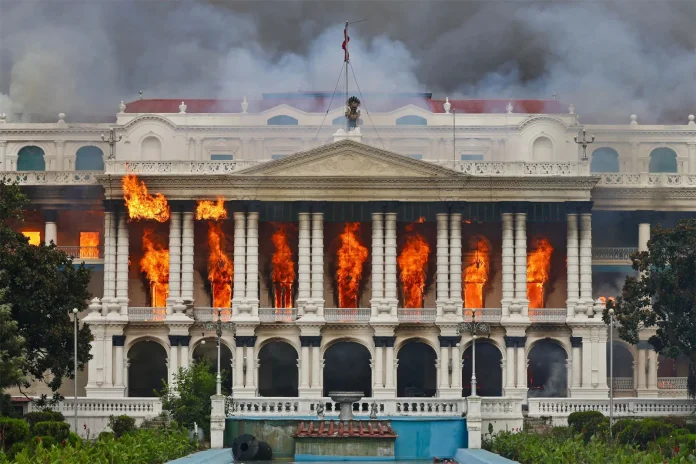 singha durbur administrative building fire nepal government social media ban protests september 2025