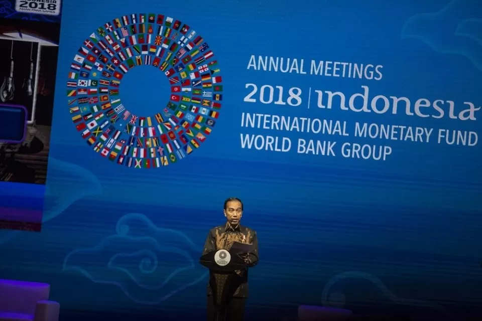 Presiden Jokowi saat berpidato pada agenda tahunan IMF 2018.