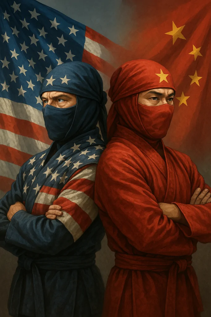 20250715 1709 duel ninja diplomatik simple compose 01k06rvesefg8vq4p0htfkawhy