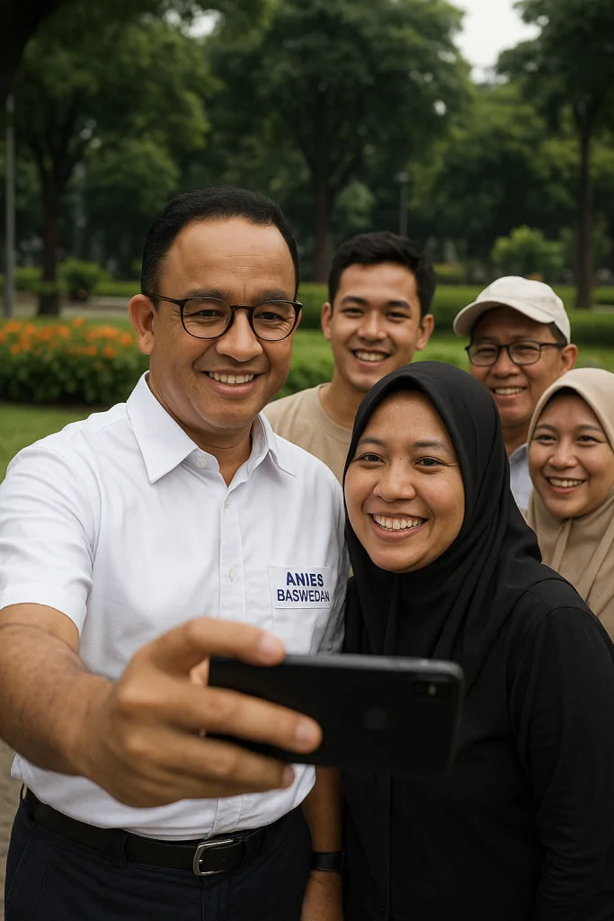 20250803 1932 anies baswedan selfie bersama simple compose 01k1qyjt6je48a21zbbbn14ep1
