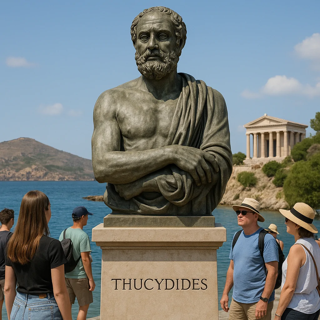 20250928 0946 patung thucydides di pesisir simple compose 01k673bd0bfa9avy55phpfew5t