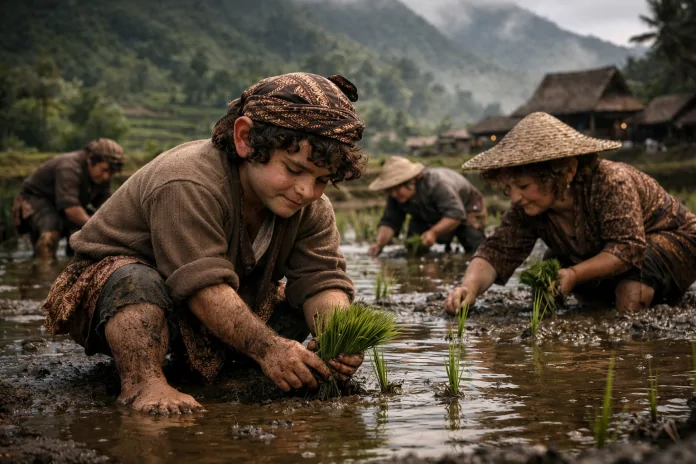 20260107 1904 petani hobbit menanam padi simple compose 01kec5fkf7fbj97ajsrd83b2yh