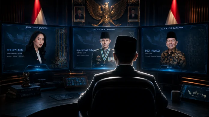 Ilustrasi seorang Capres seolah-olah memilih calon Cawapresnnya seperti memilih karakter di game (Gambar: Chat GPT)