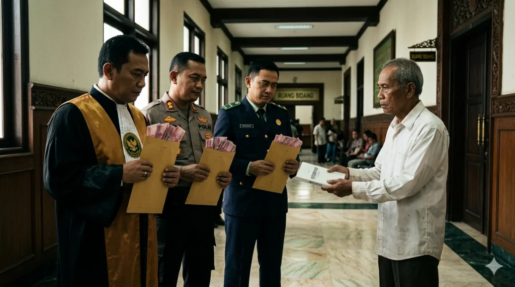 Ilustrasi penegak hukum yang baru mendapatkan kenaikan gaji dan ada kakek-kakek memberikan buku Integritas. (Gambar: Gemini AI)