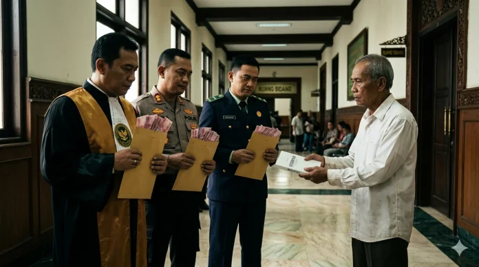 Ilustrasi penegak hukum yang baru mendapatkan kenaikan gaji dan ada kakek-kakek memberikan buku Integritas. (Gambar: Gemini AI)