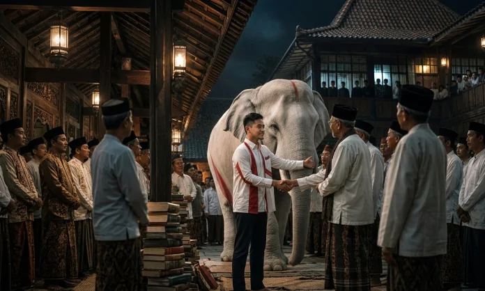 Ilustrasi Kaesang dan Gajah, yaitu representasi PSI masuk ke Pesantren (Foto: Chat GPT)