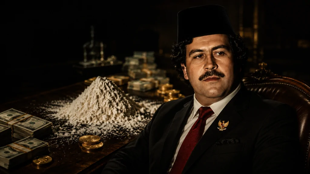 Ilustrasi Pablo Escobar jadi Pejabat Indonesia (Gambar: Chat GPT)
