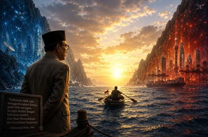 Ilustrasi Indonesia yang mendayung di antara dua kekuatan kecerdasan dunia, dengan tetap memegang prinsip bebas aktif yang diwariskan Mohammad Hatta. (Foto: AI Generated)